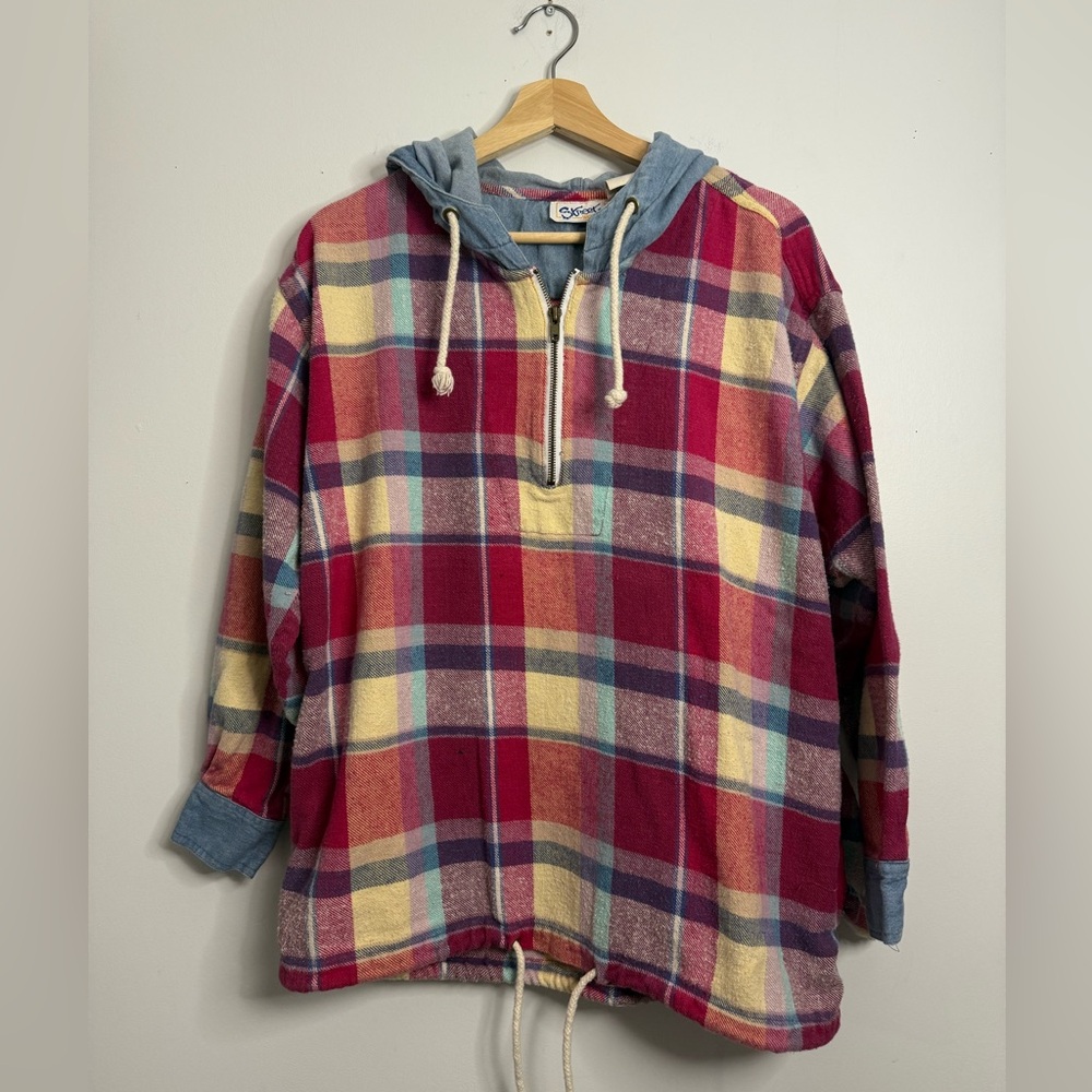 Vintage Plaid Half-Zip Hoodie with Drawstring Hood - Red Multi